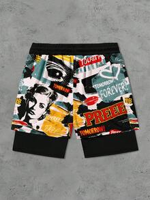 Pantalones cortos de playa de doble capa con estampado de cartel retro para hombres - Multicolor - Ver 3