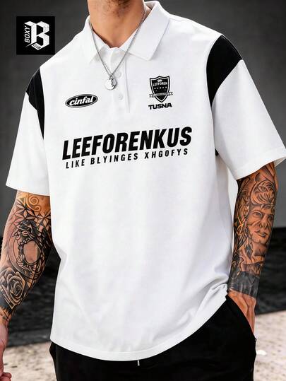 1 pieza Camisa polo blanca para hombre, Camiseta de manga corta para hombre, Camiseta con estampado de letras para hombre, Estilo de ropa urbana estadounidense, Lavable a máquina, Cómoda y versátil para uso diario, Verano al aire transporte