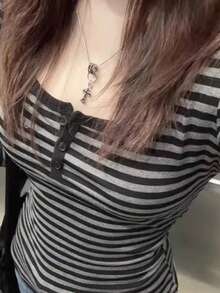 Women T-Shirts - 黑灰條紋 - 查看 3