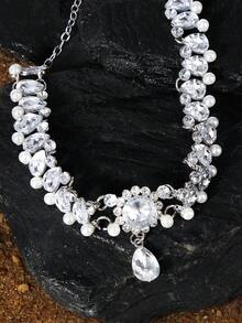 Opalesca 1 pièce Nouveau collier ras-de-cou de luxe à la mode avec franges, perle, cristal et goutte d'eau florale, convient pour les femmes, les fêtes, les rendez-vous, les cadeaux de mariage, bijoux - Argent - Voir 3