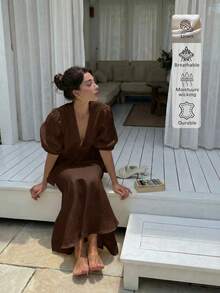 2pcs Linen Casual Elegant Vacation & Daily Wear Outfits, Casual Dresses, Casual Women Outfits, Summer Holiday Outfits, Elegant Women's Set - Brown - View 2