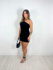 Vestido De Alça X Curto Anarruga Blogueira Moda Gringa Amarração Tecido Grosso Costas Abertas Pom Pom    Praia  Férias - Preto - Visão 1