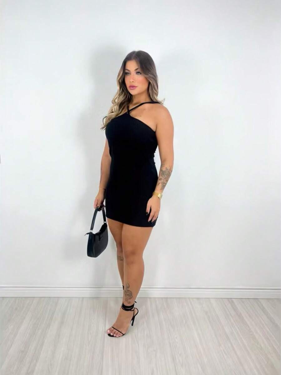 Vestido De Alça X Curto Anarruga Blogueira Moda Gringa Amarração Tecido Grosso Costas Abertas Pom Pom    Praia  Férias - Preto - Visão 1