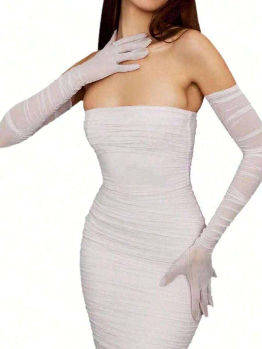 1pc Women's Extra Long Elastic Ruched Mesh Sheer Gloves, Suitable For Opera, Parties, 1920s Style Dancing, Halloween, Christmas, Weddings And Other Occasions - Multicolor - View 1