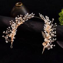 Clip para el cabello con forma de hoja dorada hecho a mano con perlas, diadema de cristal con rama de aleación para novia, para verano, playa, boda - Dorado - Ver 3