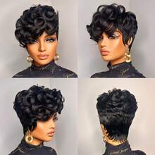 Fashionable Loose Wave Brazilian Pixie Cut Short Wig For Women, High Density 150% Lace Front Curly Bangs Wig Suitable For Party And Daily Wear - Natural Black - View 7
