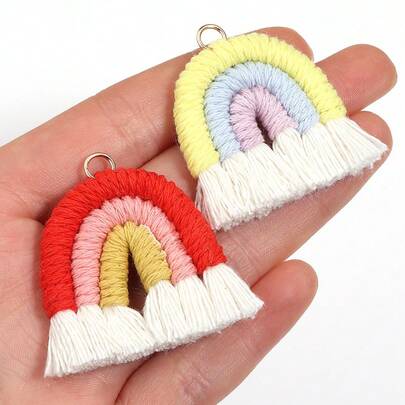 2个/包 彩虹编织流苏吊坠带环，38x35毫米 清新可爱彩虹流苏吊坠项链钥匙扣耳环配件，手工DIY半成品耳环配件