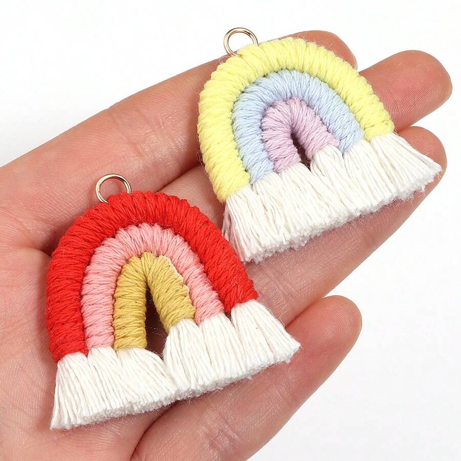 2pcs/Pack Rainbow Woven Tassel Pendant With Ring, 38x35mm Fresh And Cute Rainbow Tassel Pendant Necklace Keychain Earring Accessories, Handmade DIY Semi-Finished Earring Findings