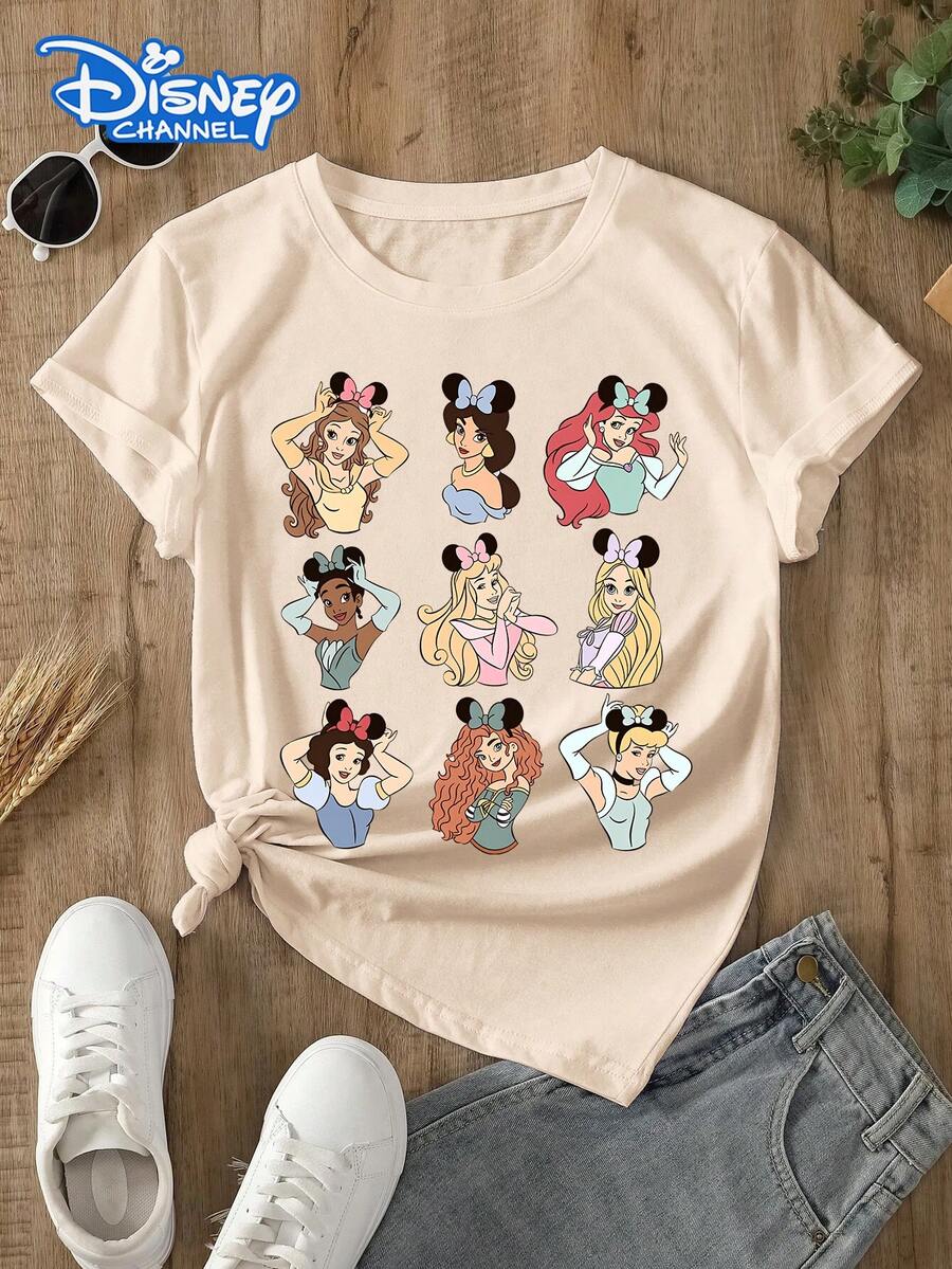Disney Lady's T-Shirt, Featuring Creative Disney Princess Cartoon Patterns. Spring/Summer Style Women's Round-Neck T-Shirt. The Fabric Is Soft, Comfortable And Breathable, Suitable For Daily Wear, Shopping, Traveling, Parties, And When At Home. It Is Also Suitable As A Beautiful Gift. Every Lady Deserves To Own One. - 杏色 - 查看 1