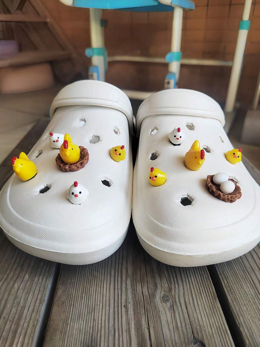 10pcs Cute Cartoon Yellow Hen, Chick, Egg Shoe Charms Set, Suitable For Clogs, Sandals - Multicolor - View 1