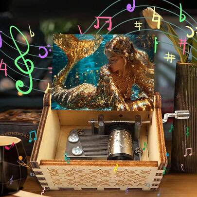 Enchanted Golden Mermaid Hand Crank Music Box Vintage Carved Decor