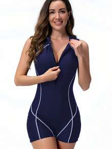 1 Piece Women's Fashion Swimsuit For Surfing, Slimming, Sexy Women's Swimsuit With Front Zipper For Diving And Surfing, Summer - 藏蓝色 - 查看 3