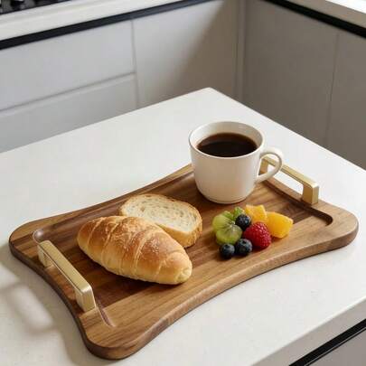1pc Wooden Tray With Metal Handle, Suitable For Kitchen Countertop Decor, Dining Table Tray, Kitchen Tabletop, Home Decor, Living Room Decor, Can Hold Steak, Cake, Bread Etc., Ideal For Mother's Day, Easter, Ramadan, New Year And Other Holidays