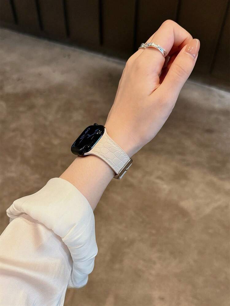 1pc Litchi Texture Casual Silicone Watch Band, Compatible With Apple Watch, Size: 38mm, 40mm, 41mm, 42mm, 44mm, 45mm, 46mm, 49mm, Suitable For Apple Watch Series 11/10/9/8/7/6/5/4/3/2/1/SE2/SE/Ultra2/Ultra - Starlight - View 3