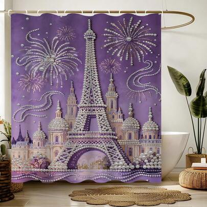 1pc 2D Printed Purple Diamond Castle Shower Curtain, Polyester Material, Waterproof, Non-Shading, Suitable For Home And Bathroom Decor, Comes With 12 Hooks