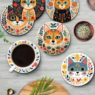 6pcs Bohemian Cat Wooden Coasters, Decorative & Durable Wood Coasters For Coffee, Tea, Drinks - Suitable For Home, Restaurant, Housewarming - Perfect Gift For Parents, Friends