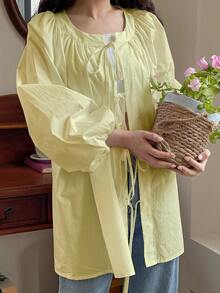 女士宽松多色蝴蝶结领衬衫，配蝴蝶结吊带，春季学生装必备单品 - 黃色 - 查看 4