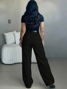 Women's High Waist Wide Leg Pants |   Spring Women's Clothing |   Casual Elegant Office Pants |   Spring Casual Wear |   Solid Color Loose Straight Bottoms |   Spring Apparel |   Women's Casual Wear |   Soft Comfortable Casual Pants |   Women's Casual Wear Matching |   Minimalist Fashionable Workwear |   Casual Suit |   New Year Preparation Spring/Autumn Essential, No Belt Included - 黑色 - 查看 3