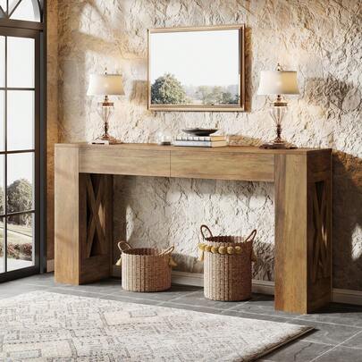 LITTLE TREE 63" Farmhouse Console Table With 2 Drawers, Narrow Entryway & Behind Couch Sofa Table With X-Shaped Legs, Warm Brown