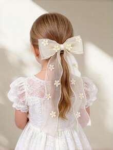 1个女孩精致网纱刺绣花朵蝴蝶结发夹 - 米色 - 查看 2