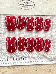 10 pegatinas de uñas hechas a mano. Con destellos de color rojo, brillantes de imitación, lunares lindos y efecto de ojo de gato. Adorables pero juguetones, estas pegatinas son removibles y reutilizables. Perfectas para mujeres, un gran regalo o para ocasiones especiales y uso diario. Uñas postizas hechas a mano - Rojo - Ver 8