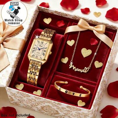 4件套优雅女士手表首饰套装，包含手链和项链，适合斋月、婚礼、生日派对、母亲节等各种场合。