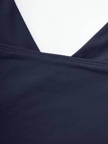OMKAGI  Women's V-Neck Collarless Short-Sleeved Tank Top Y2K  Streetwear Style Top See-Through Top With Exposed Neckline - 藏蓝色 - 查看 7