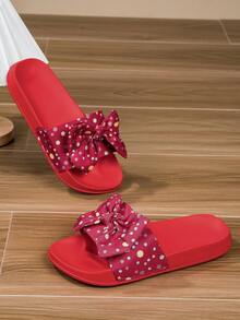 Girls' Comfortable, Fashionable, Casual, Lightweight, Bow Slip-On House Slippers, Summer - Red - View 2