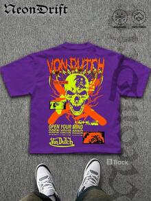 SummerNeonDrift Street Double-Sided Printing Cotton T-Shirt 100% Cotton Fabric Unisex Style-Men T Shirt Skull Graphic Print Neon Yellow Orange Cross Design Streetwear Fashion Casual Wear For Urban Style Fans Hip Hop Look Breathable 100 Cotton Comfortable FitLoose And Comfortablesummer Clothes - 紫色 - 查看 3