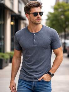 Men's SLIM Henley T-Shirt With Portuguese Collar, Premium Fabric - Various Colors - Màu xám đen - Xem 1
