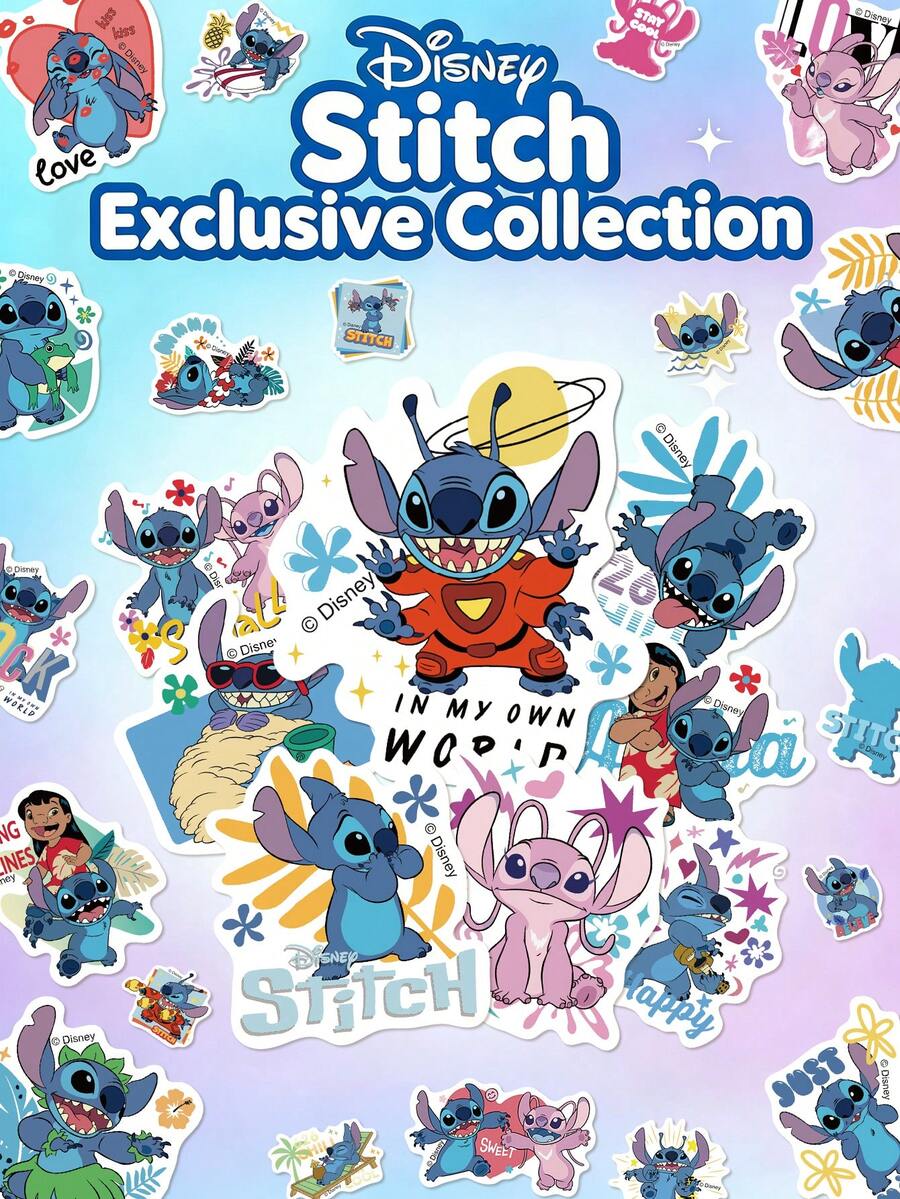 Disney 50pcs Stitch Themed Waterproof Stickers, Suitable For Water Bottles, Laptops, Skateboards, Guitars, Chairs, Desktops, Tablets, Phones, Phone Cases, Home Decor, Back To School Supplies, Holiday & Birthday Party Gifts - 50pcs - View 1