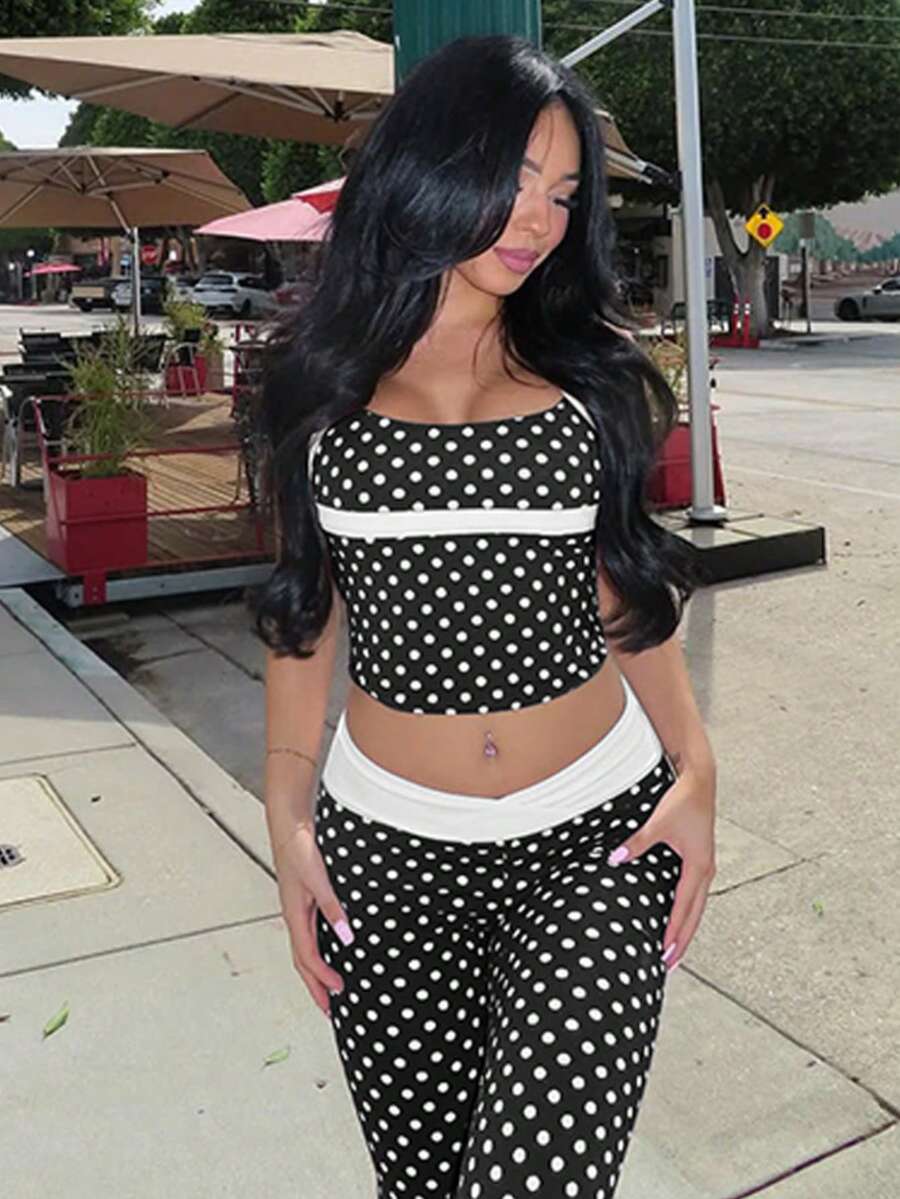 Women's Fashion Sexy Polki Dot Printed Suspender Top Waist-Length Hip-Lifting Trousers Sports Suit Two-Piece Set - 黑色 - 查看 1