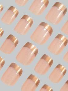 Bộ 24 móng giả vuông ngắn, viền vàng hồng, kiểu Pháp, sọc ngọc trai, bóng mờ, thanh lịch và đa năng, thích hợp cho hẹn hò, tiệc tùng, sử dụng hàng ngày vào mùa xuân/hè, thu/đông. Bộ móng giả dán tháo rời kèm gel dẻo và dũa, màu gel dẻo ngẫu nhiên. - Hoa hồng vàng - Xem 4