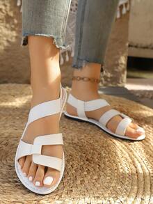 Comfortable & Elegant Retro White Elastic Band Flat Sandals, Casual Open Toe Roman Shoes For Women, Versatile Outdoor Wear - White - View 5