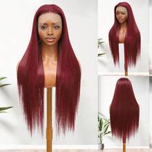 200% Density Straight Wigs 13x4 HD Ear To Ear Deep Parting Lace Frontal Wig For Women Burgundy Short Bob Hair Heat Resistant Synthetic Mixed Human Blended Hair Wig With Baby Hair Wine Red Colored 99j Pre Plucked Realistic Hairline Pre Bleached Invisible Knots - SBUG - View 3