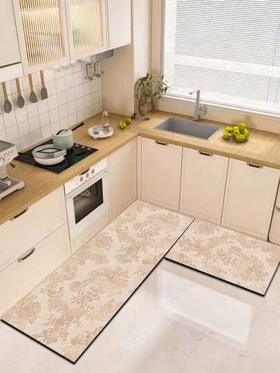 1 pieza Alfombra de gel de sílice para piso de cocina, con un color de base beige claro y un patrón de damascos en relieve a juego con motivos de flores, hojas y enredaderas que crean un efecto visual elegante, vintage y delicado. Hecho de material de tela en la superficie y material absorbente de esponja en el medio, apto para decoración de cocina, baño, entrada, lavandería, dormitorio, sala de estar y talla grande.