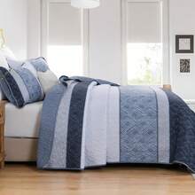 3 Pieces Quilt Set Queen King Size ,Striped Plaid Bedspread Coverlet Set, Mineral Blue Boho Summer Bedding Set Soft Microfiber Bedding Set With 2 Pillow Shams, Suitable For Wedding Items, Valentines Day Home Bed Room Decor, Mothers Day Gift, All Season - 礦物藍 - 查看 3