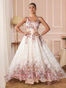 优雅无袖梭织面料伴娘礼服，印花长款，适合特殊场合 - 彩色 - 查看 7