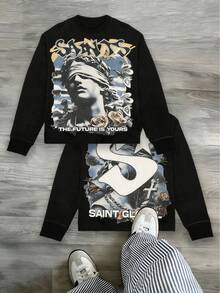 (250g  Men's Round Neck Sweatshirt)The Future Of The Saints Belongs To You, Blindfolded Portrait Printing Casual Pullover With Street Style, Suitable For Outdoor Wear In Autumn And Winter - 黑色 - 查看 1