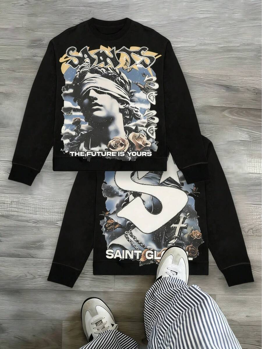 (250g Men's Round Neck Sweatshirt)The Future Of The Saints Belongs To You, Blindfolded Portrait Printing Casual Pullover With Street Style, Suitable For Outdoor Wear In Autumn And Winter - 黑色 - 查看 1