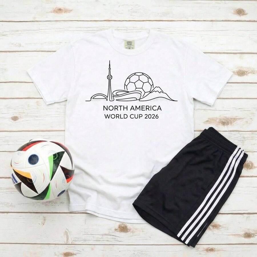 North America World Cup 2026 T-Shirt _ Minimal Skyline Line Art Soccer Ball Tee, Unisex Travel Fan Shirt For USA Canada Mexico Matches - 白色 - 查看 1