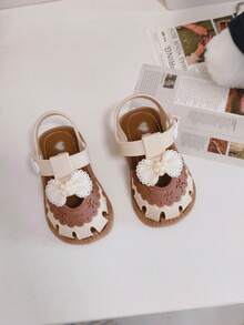 1 Pair Toddler Cute Bow Decor Hook And Loop Design Soft Sole Comfortable Multipurpose Beach Sandals, Summer, Suitable For 0-3 Years Old Babies - Beige - View 6