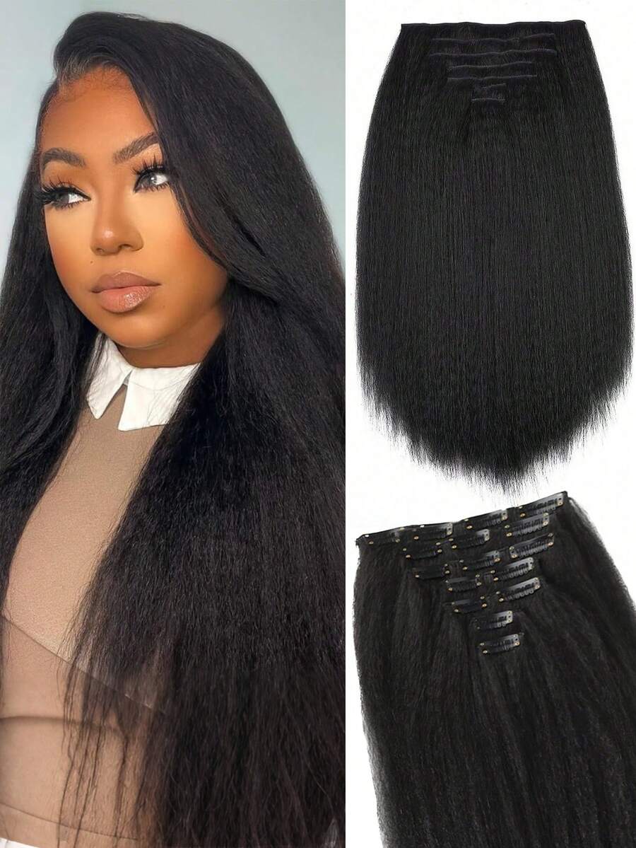 7 Pieces Kinky Straight Clip In Hair Extensions Black Hair Extensions Clip Ins For Yaki Straight Clip In Hair Extensions - Multicolor - View 1