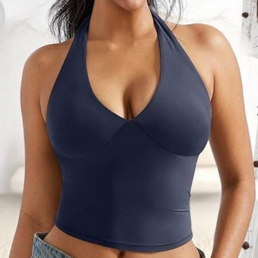 OMKAGI  Women's V-Neck Collarless Short-Sleeved Tank Top Y2K  Streetwear Style Top See-Through Top With Exposed Neckline - 藏蓝色 - 查看 1