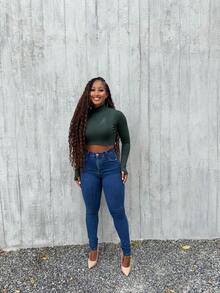 Women's Ribbed Long Sleeve Cropped High Neck Top With Thumb Loops - Dark Green - View 4