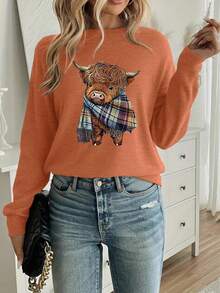 女士休闲保暖奶牛印花上衣，返校季，2026年开学第一天 - 橘色 - 查看 4