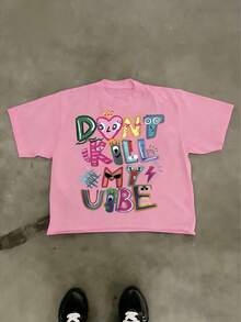 Tween Girl Cotten Clothes,Y2K-Inspired Letter Print T-Shirt - Casual Crew Neck, Short Sleeve, Machine Washable - Perfect For Spring/Summer/Fall,Fashion, Streetwear, Unisex, Men, Women - 玫紅色 - 查看 2