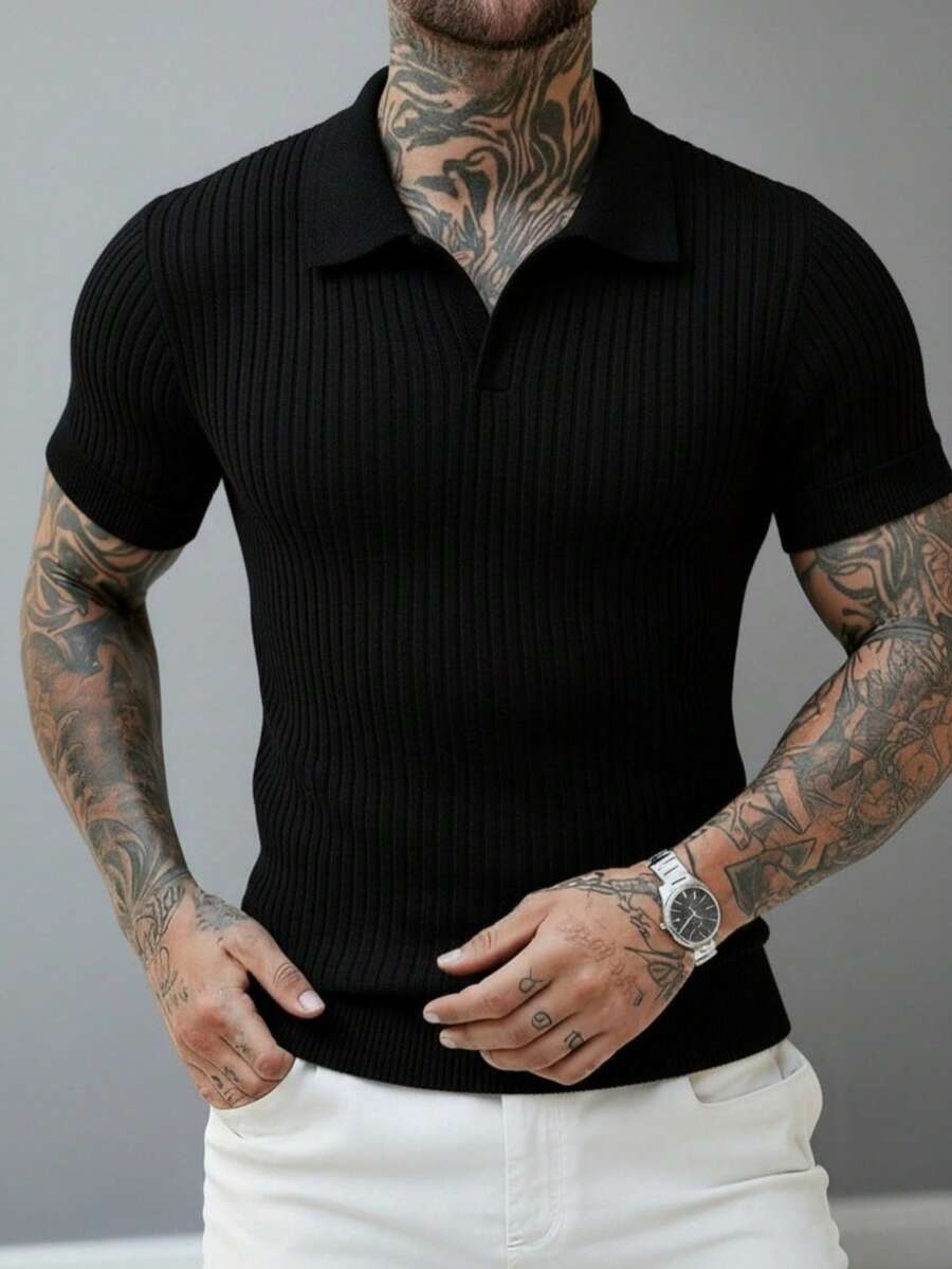 男士罗纹时尚 Polo 衫针织毛衣 - 黑色 - 查看 1