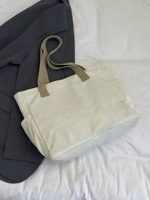 1个白色灯芯绒单肩手提包，简约轻便大容量女士单肩包，大学/学校休闲手提包，带多个口袋 - Pearl White - 查看 5