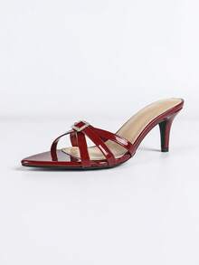 Women's High Heel Sandals, Summer Fashion New Retro Luxury Sexy Multi-Strap Rhinestone Buckle Party Wear Pointed Toe Slip-On Mules - Burgundy - View 7